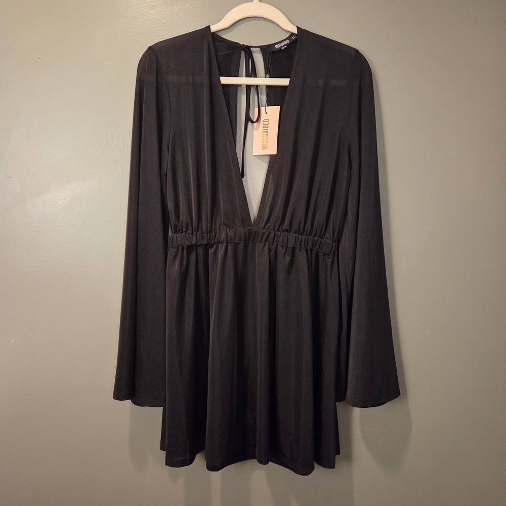 NEW Missguided Extreme Plunge Cover Up Mini Dress Flare Sleeves Size US 10 Black